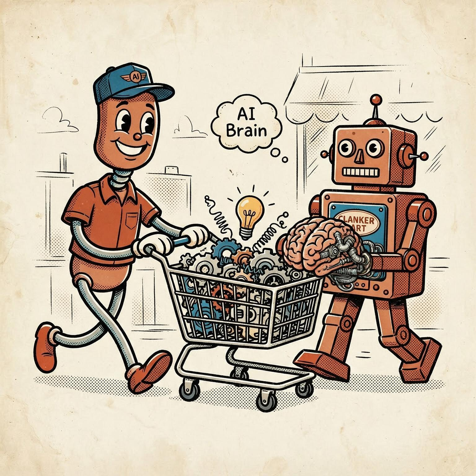 Two friendly rubber-hose cartoon robots pushing a shopping cart full of gears, a lightbulb, and an AI Brain thought bubble